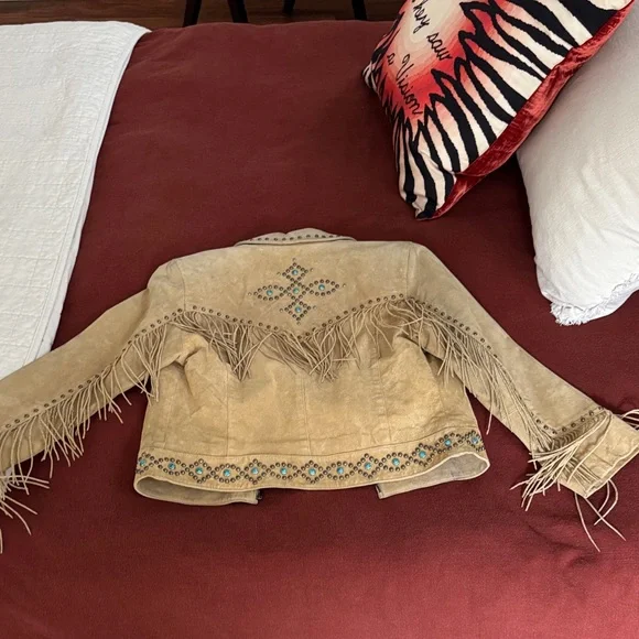 Scully Beige Fringe Leather Jacket with Turquoise Stud Accents - Picture 6 of 9